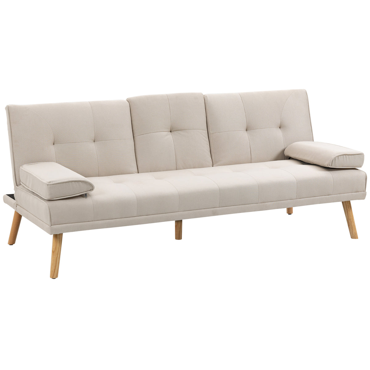 3-seater sofa bed, reclining backrest with folding table, two arm cushions, linen look, beige, 181 x 77 x 78 cm