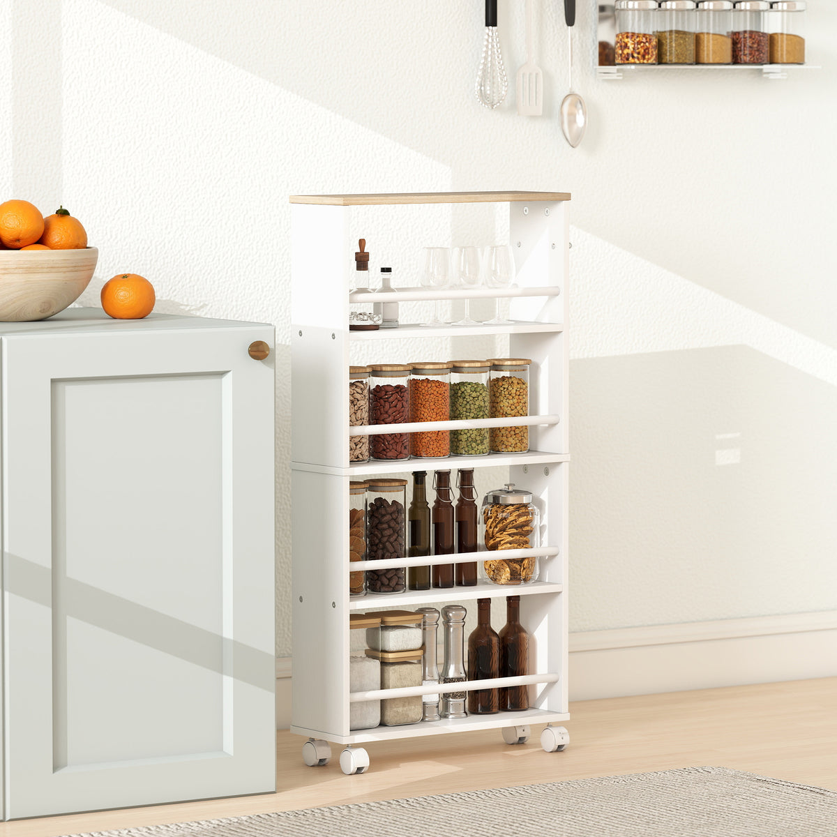 Multifunctional shelf with wheels, slim design, 4 tiers, 45x15x91 cm, natural (2)