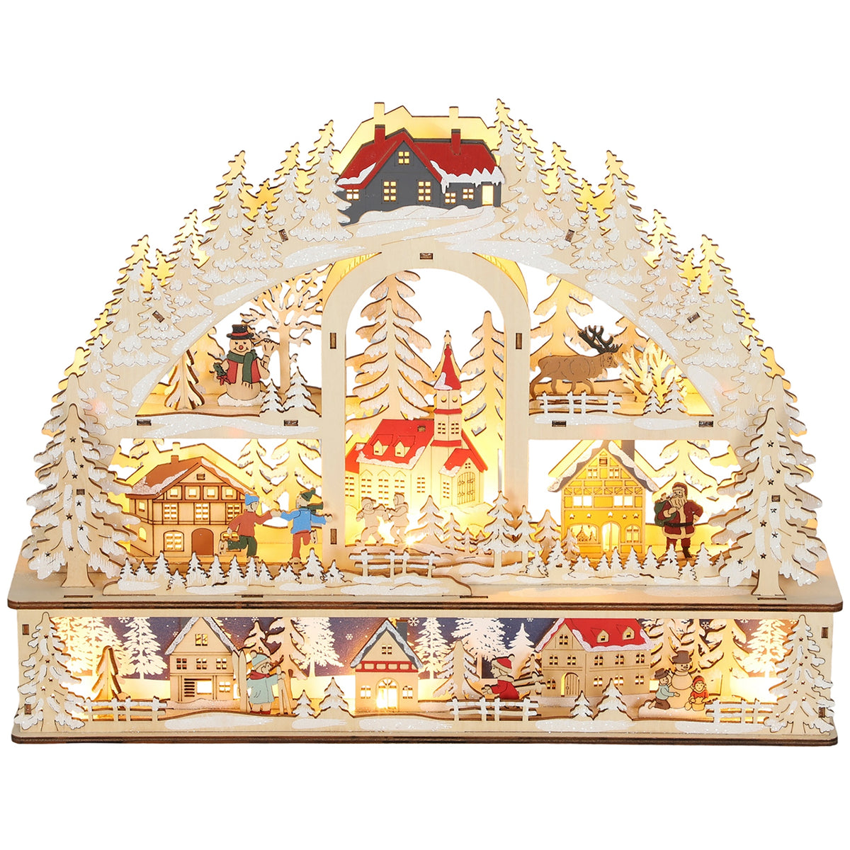 Christmas village with LED lighting, 45 cm Christmas town with snowman, reindeer and trees, natural wood