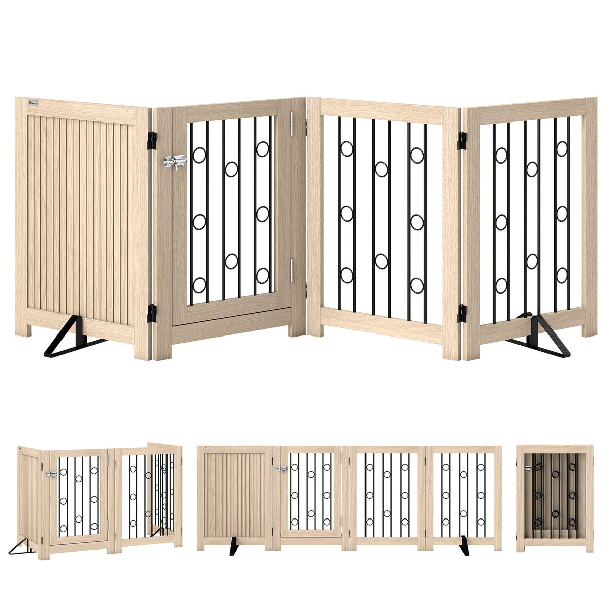 Freestanding pet gate, dog barrier with door, 4 panels, for hallway, stairs, door frame, MDF, steel