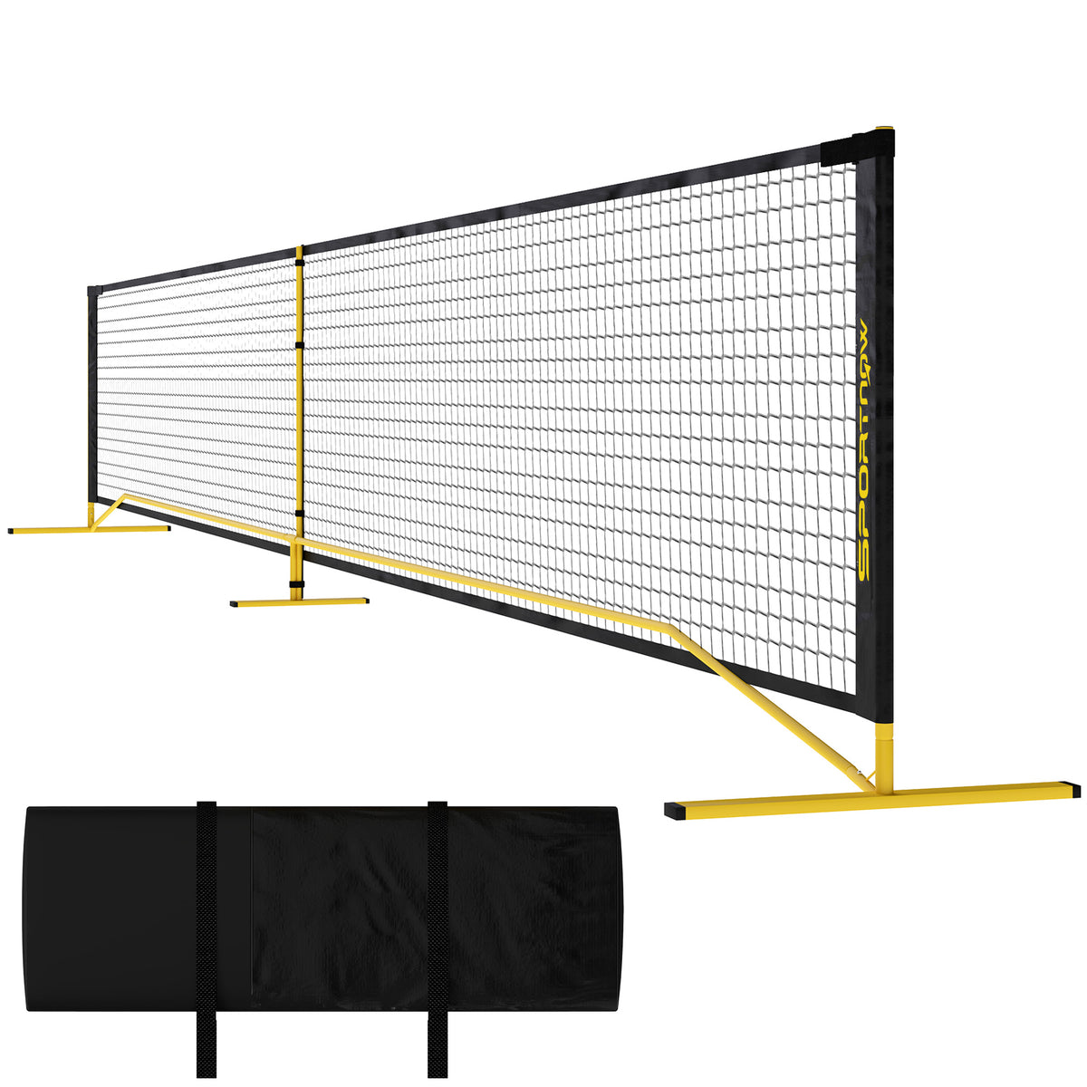 Pickleball net, portable, metal frame, fabric net, with carrying bag, yellow