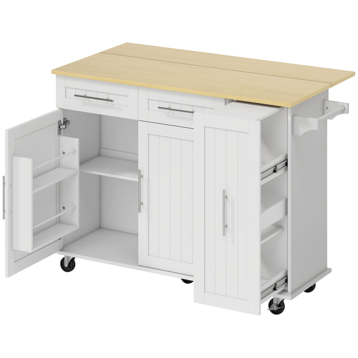 Mobile kitchen island, extendable surface, cabinet doors, drawers, towel holder, kitchen cart made of MDF, white