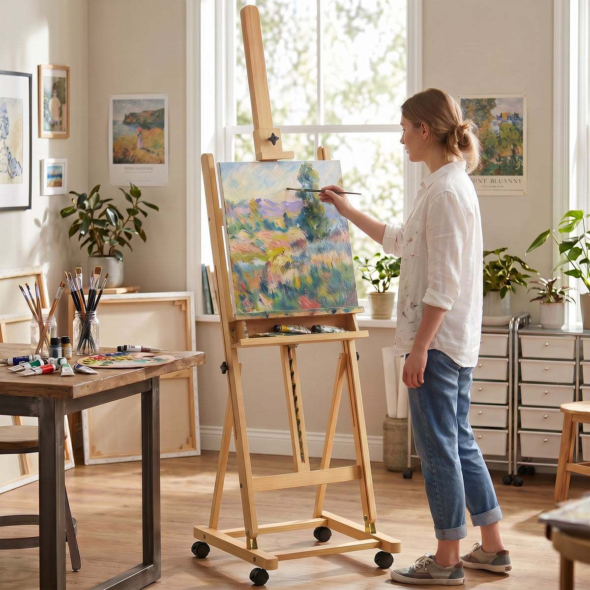 Easel, artist easel, height-adjustable, 4 castors, natural + black (2)