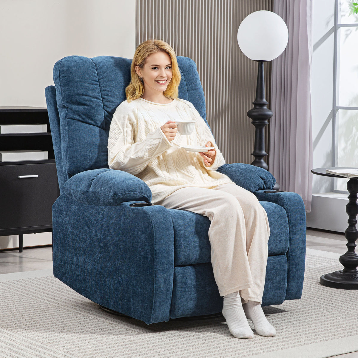 Recliner with footrest, lounge chair, swivel, up to 150 kg, steel frame, 88x96x108cm, dark blue (2)