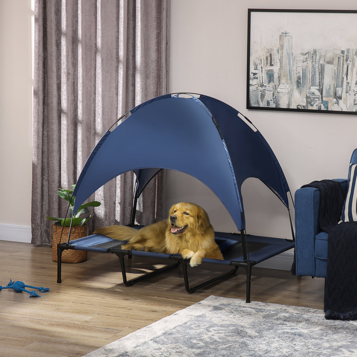 Outdoor dog bed, weatherproof, with canopy, foldable, 122 x 92 x 108 cm, blue + black (2)