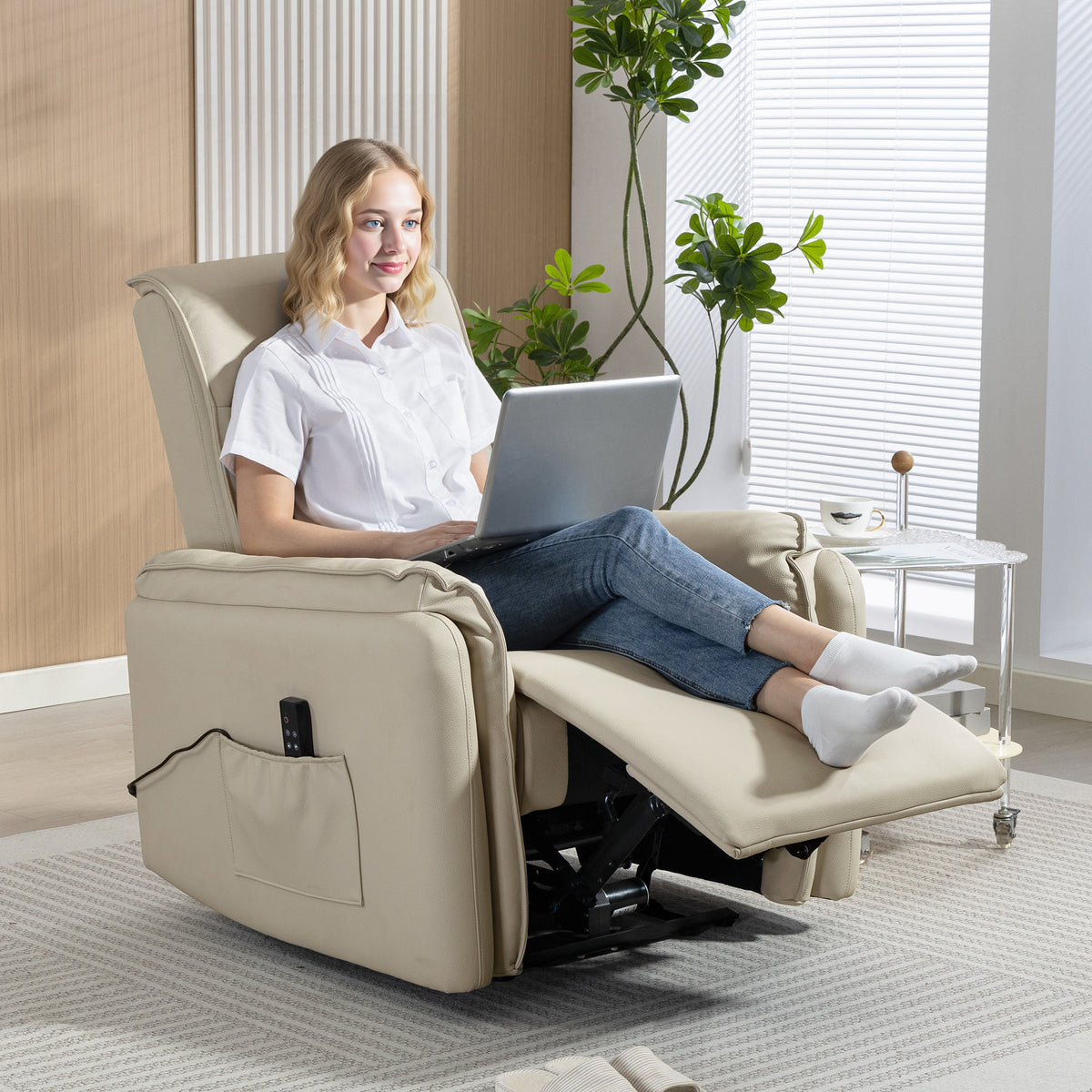 Electric massage chair, faux leather upholstery, footrest, side pocket, beige (2)