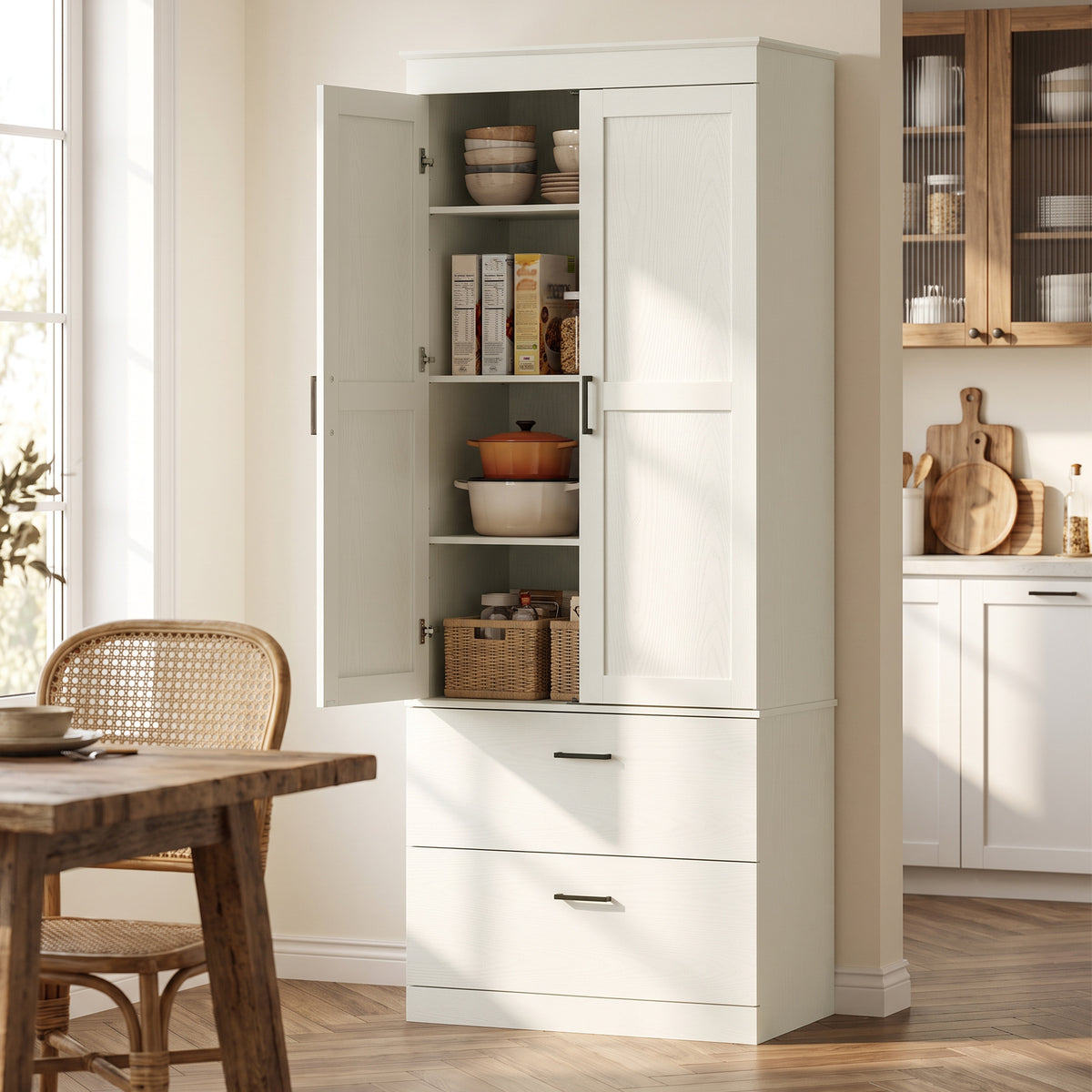 Country-style kitchen cabinet, tall pantry cupboard with adjustable shelves and 2 drawers, cream white (2)