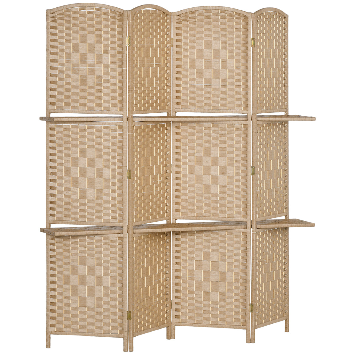4-panel room divider, 160 x 170 cm, foldable partition screen with 2 shelves, natural wood