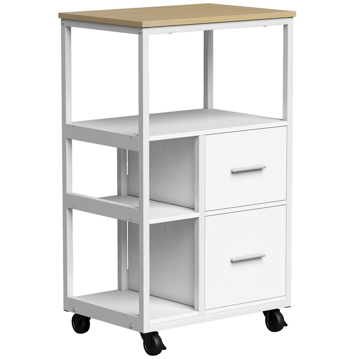 Kitchen trolley on wheels with 2 drawers, open storage compartment and 2 lockable casters, white