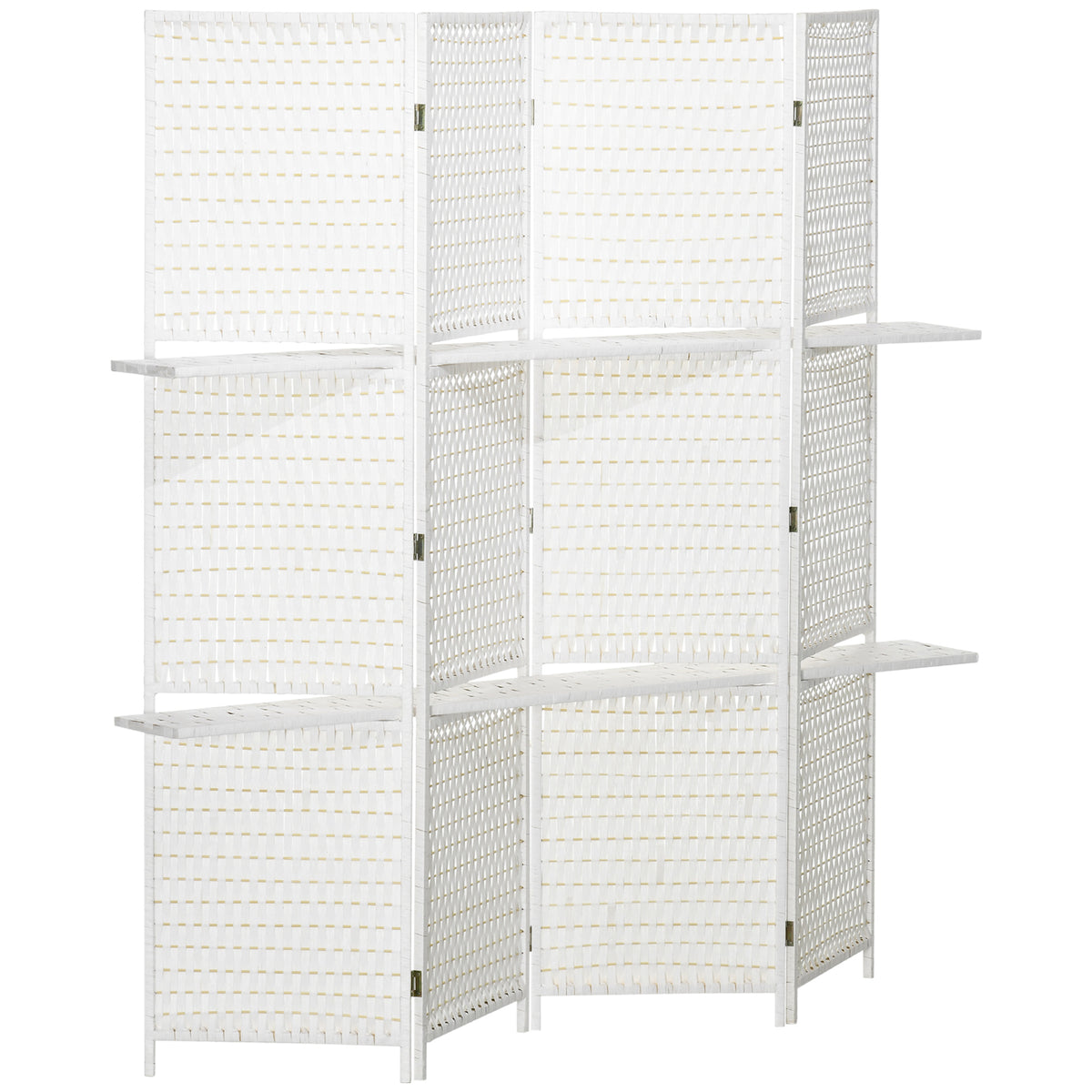 4-panel room divider 181 x 180 cm, foldable screen with 2 shelves made of pine wood and bamboo for bedroom