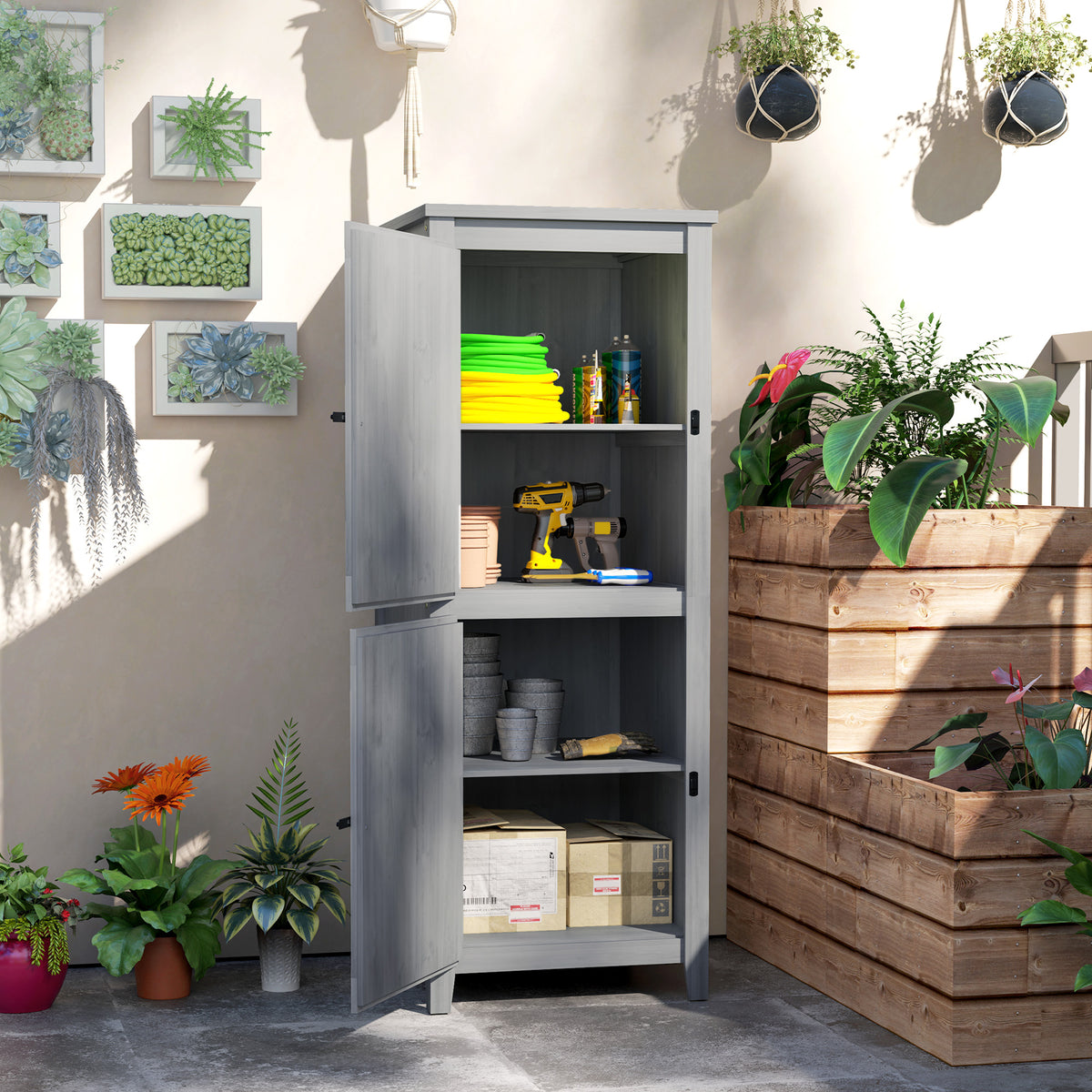 Wooden shed, compact garden shed for tools and gardening equipment with lockable doors, light gray (2)