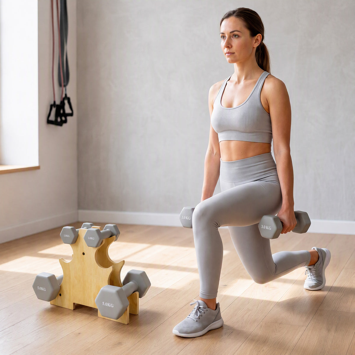 Dumbbell Set 3 Pairs 1kg 3kg 5kg Hex Dumbbells with Wood Stand, Non-Slip Grip, Cast Iron Light Gray (2)