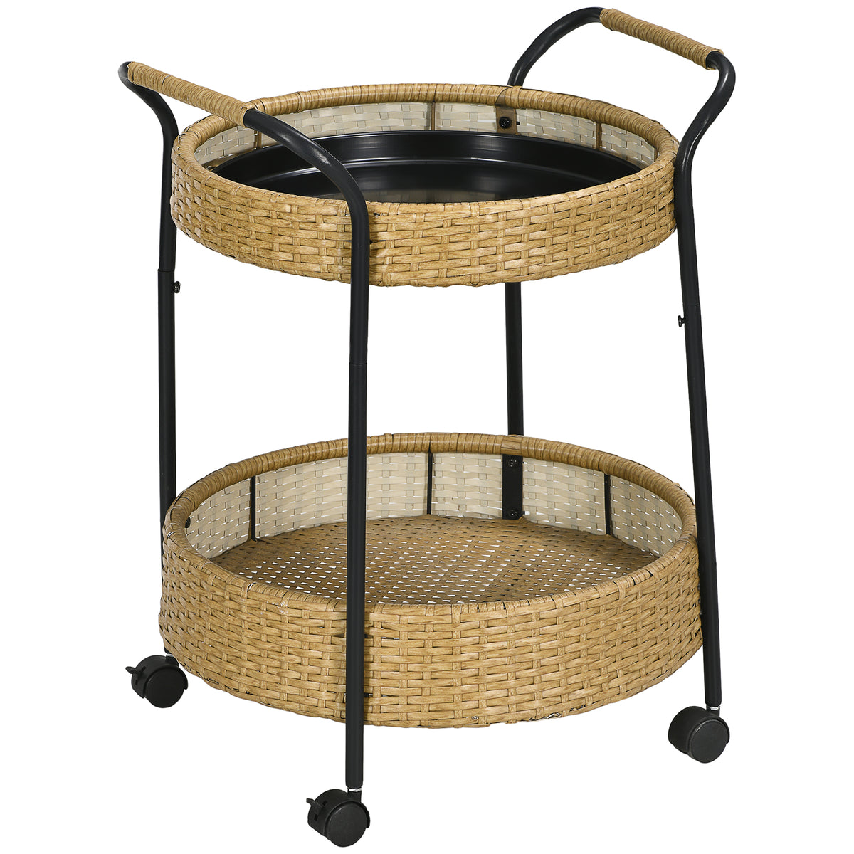 Outdoor serving trolley, 2 tiers, brakes, polyrattan, metal frame, Φ50 x 66H cm, yellow