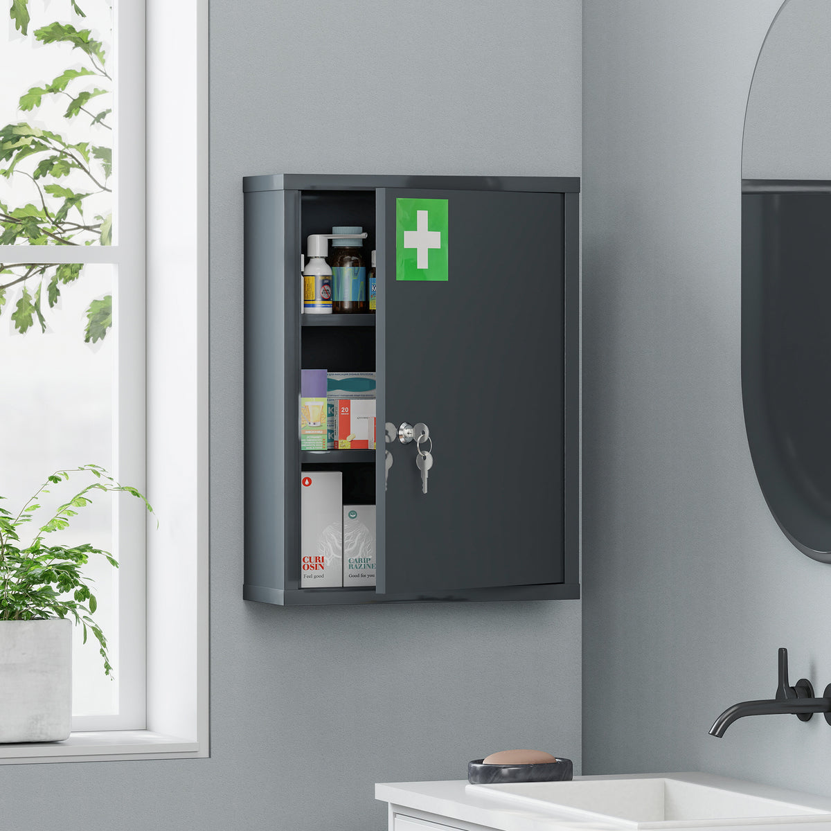 Wall-mounted medicine cabinet with lock, 3-tier steel wall cabinet, 40 x 15 x 53.5 cm, charcoal gray (2)