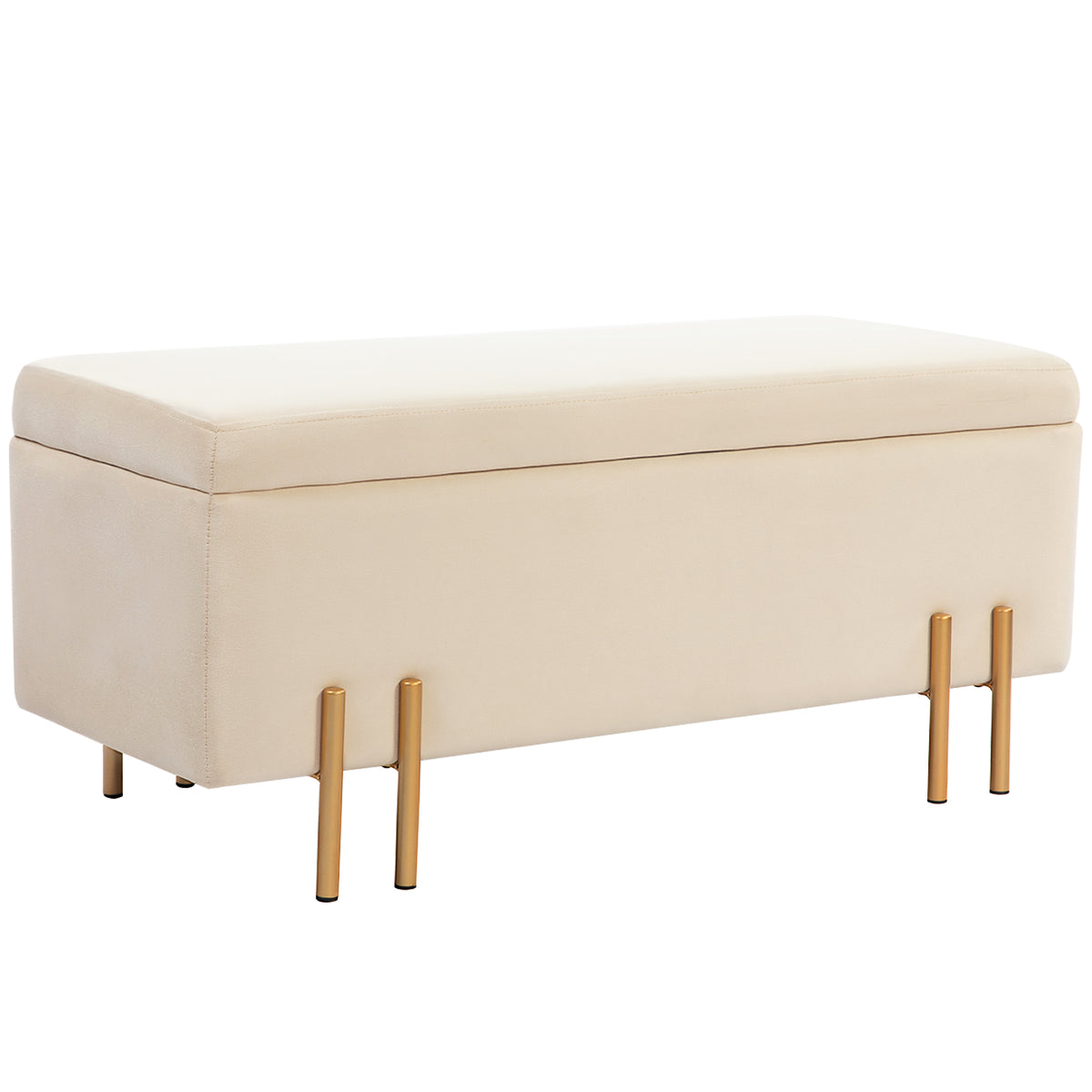 Upholstered storage bench, chest bench, foam, metal, rubberwood, 100 x 40 x 42 cm, beige