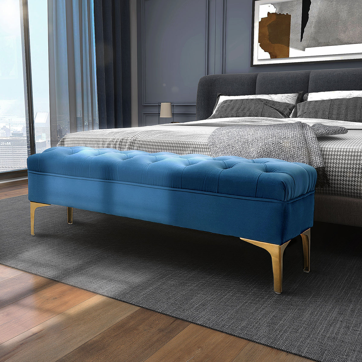 Bench Bed Bench Shoe Bench with Raised Legs Bedroom Velvet Blue (2)