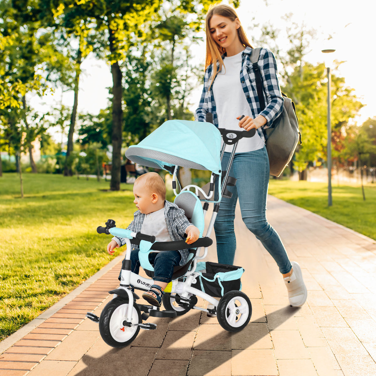 6-in-1 children's tricycle with push bar, canopy, harness, storage basket, for ages 1-5, green (2)