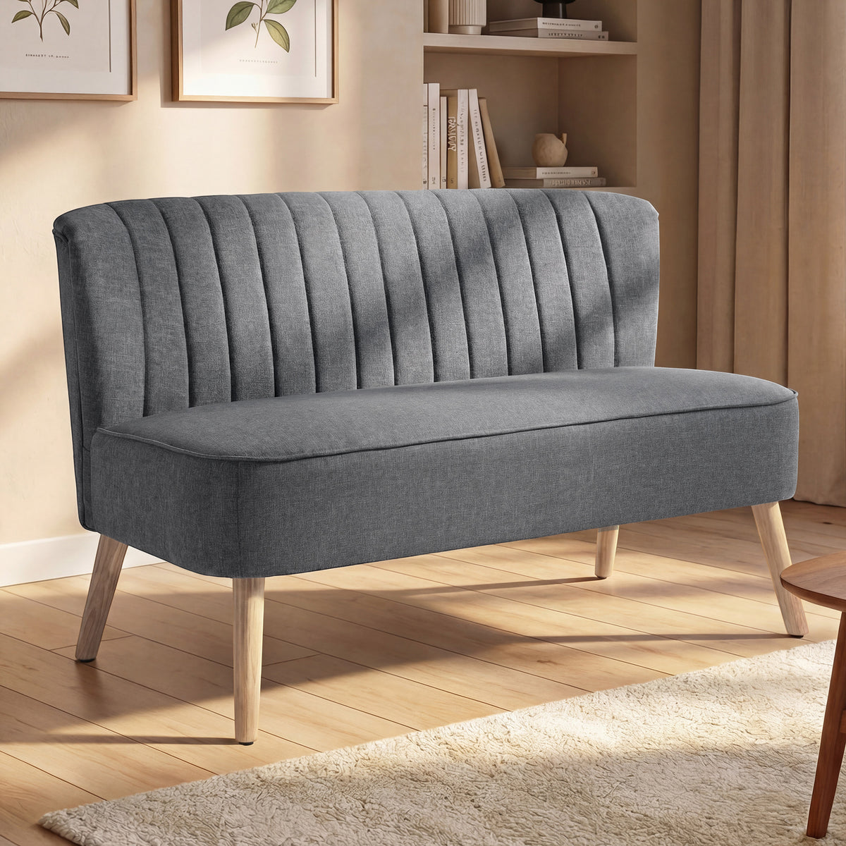 2-seater sofa, linen-look upholstered sofa, wooden frame, for living room bedroom, 117 cm, gray (10)