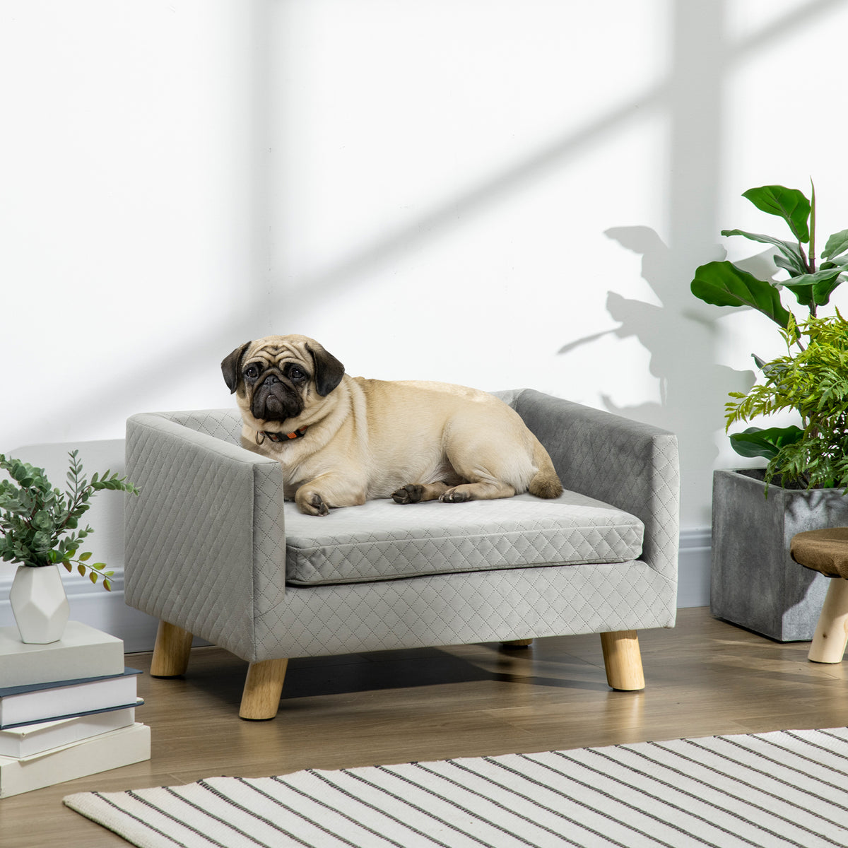 Dog sofa with wooden legs, dog bed, pet sofa, dog mat for small dogs up to 8 kg, velvet touch, grey, 64 x 45 x (2)