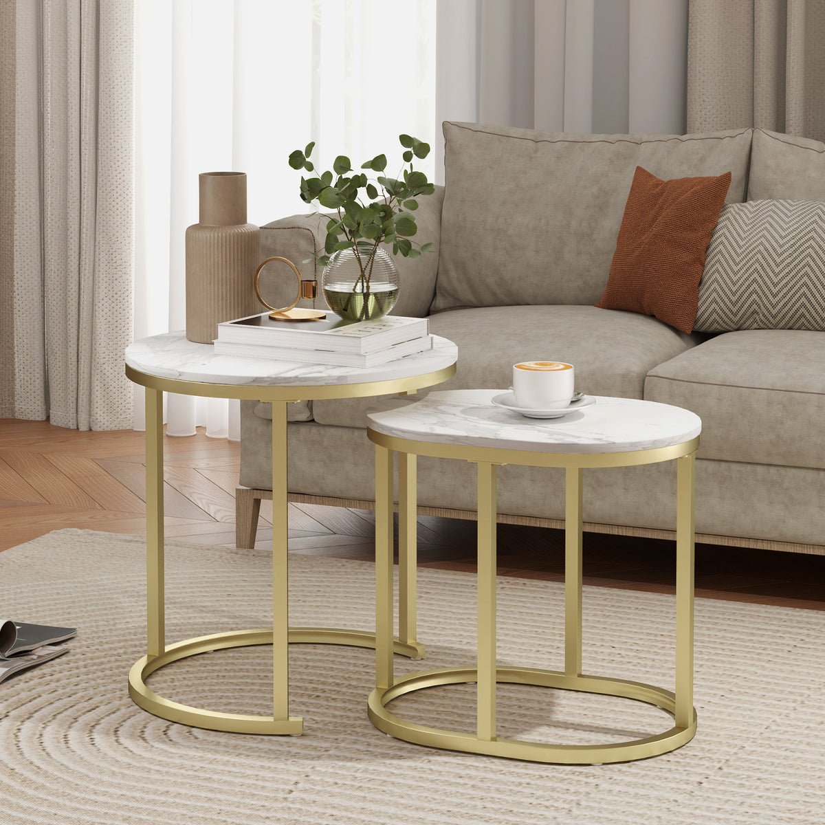 2-piece coffee table set, oval and round coffee table, stackable, marble look, steel, Ø50 x 50.5 cm, white (2)