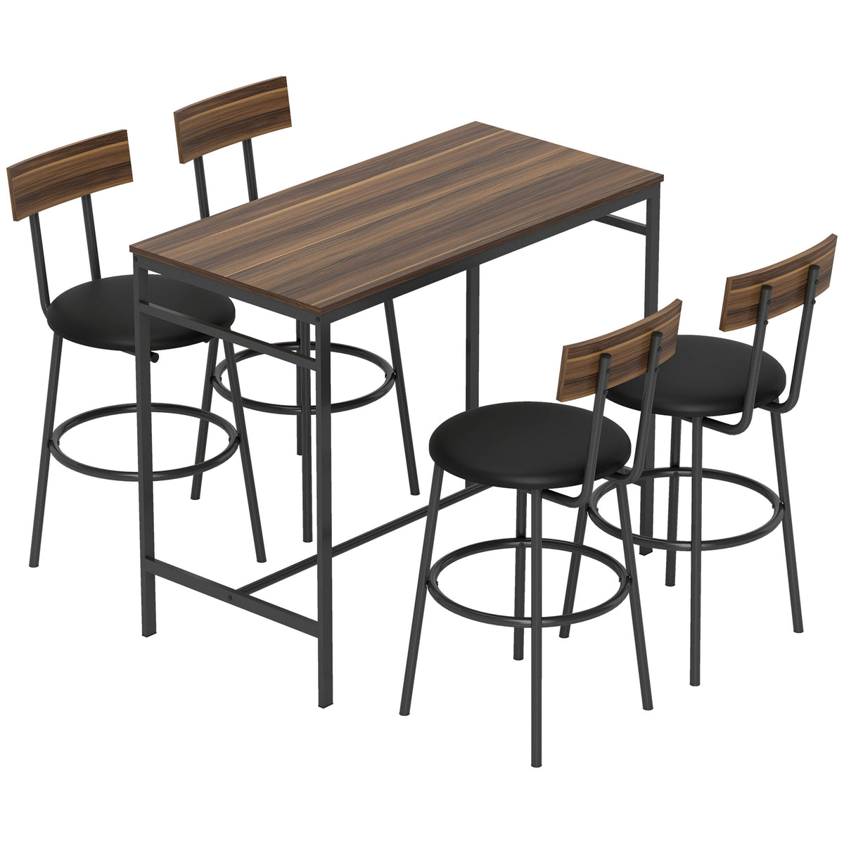 5-piece bar table set with 4 chairs, industrial design, for kitchen, dining room, wood, steel, brown