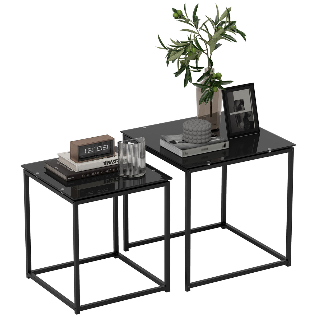 Set of 2 side tables, modern design, stackable, glass table, black