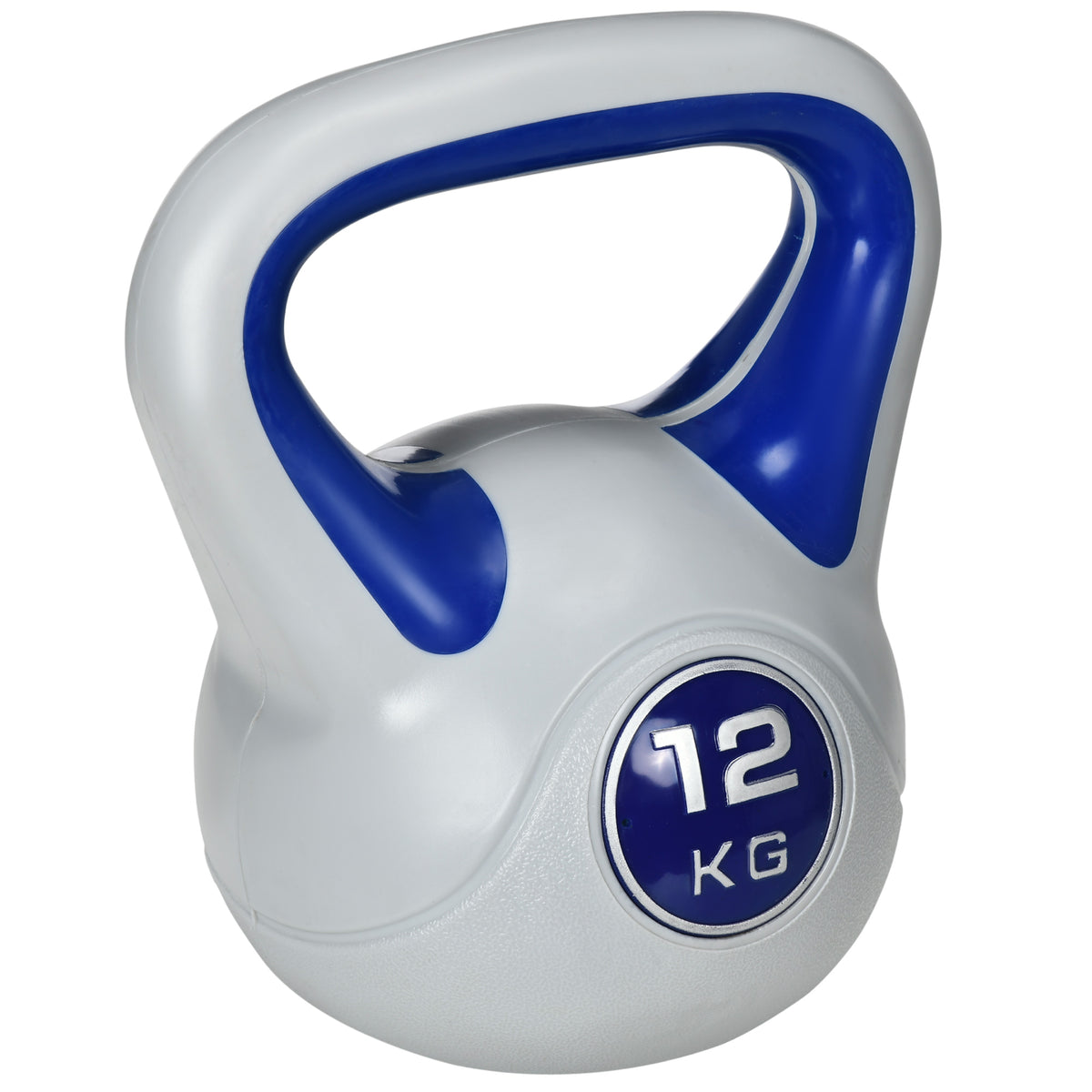 Kettlebell, 12 kg, flat base, large handle, plastic coating, blue, 26 x 17 x 29 cm