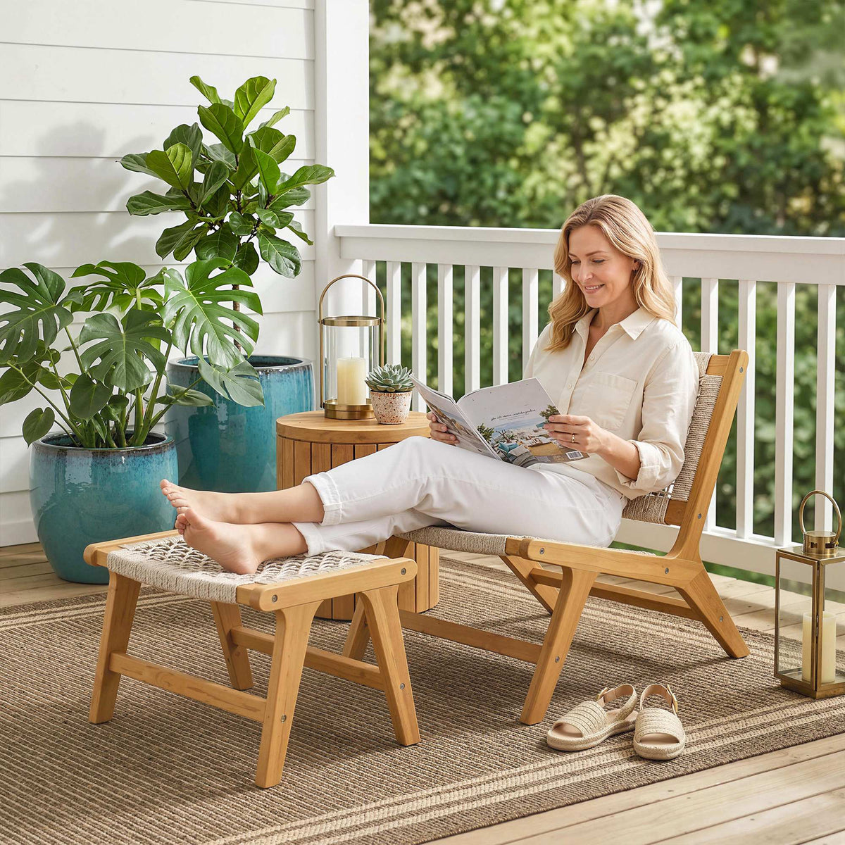 2-piece garden chair with footstool, acacia wood outdoor lounge chair with rattan seat, boho style, adjustable (2)