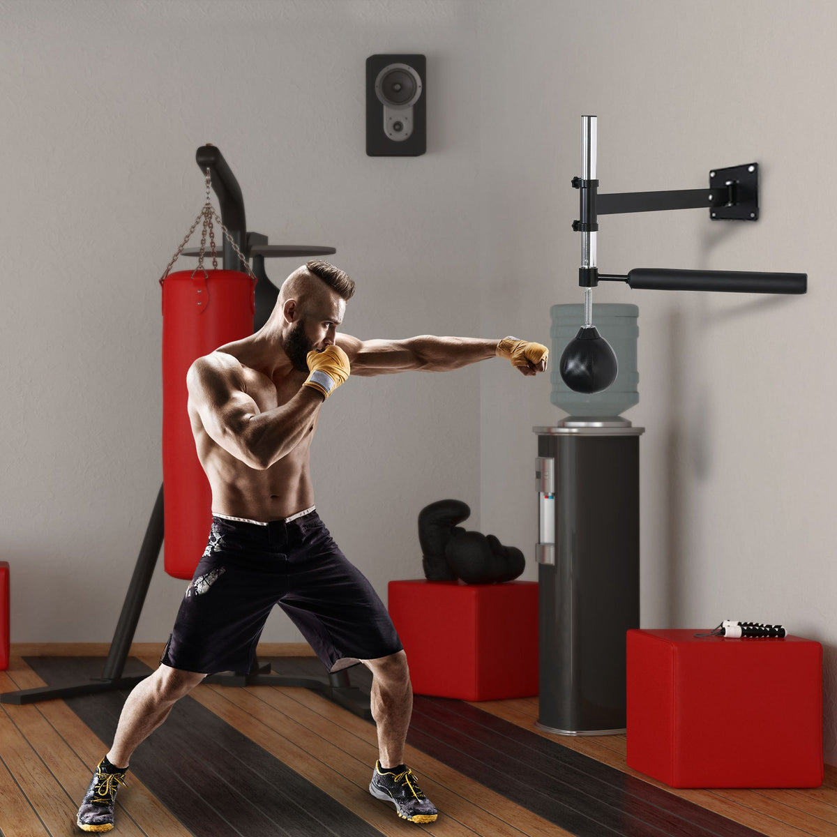 Boxing stand, with speed ball, rotating reflex bar, height-adjustable, foldable, steel, 79 x 72 x 20cm (2)