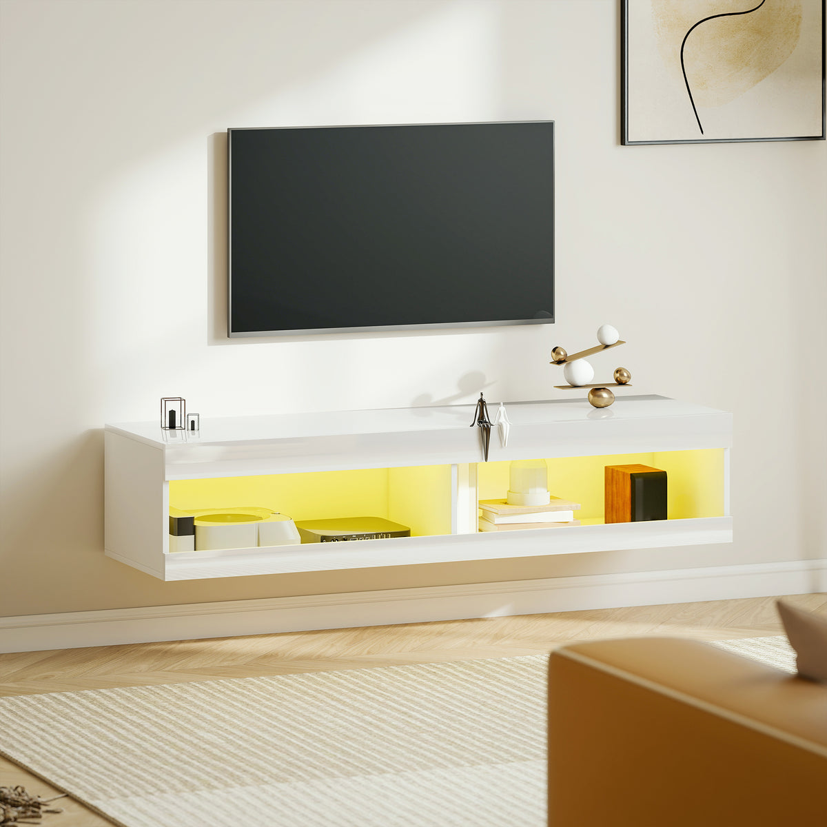 TV Cabinet, wall-mounted TV lowboard with 16-color RGB LED lighting, TV stand with open storage, for 55-60 inch (2)