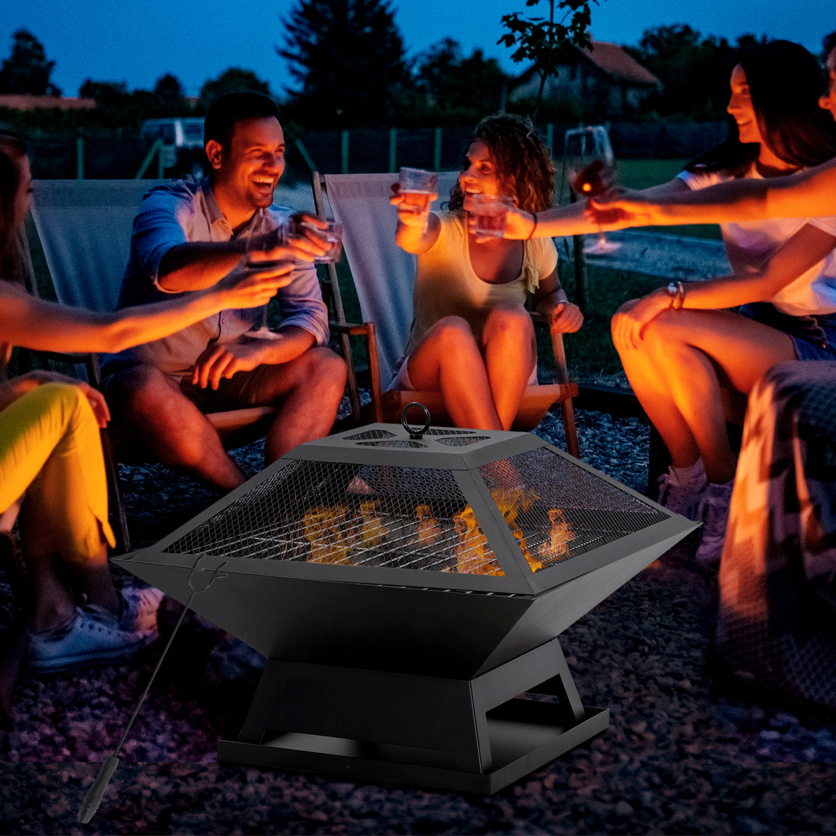 Fire pit 45 x 45 x 34cm stainless steel fire bowl with spark screen, poker, fire pits, fire basket for garden (2)
