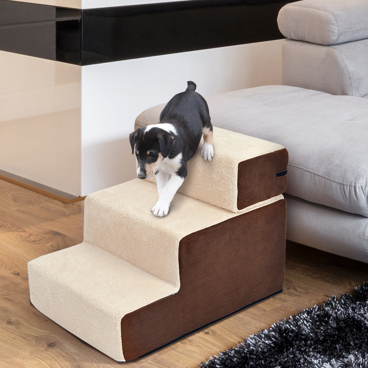 Pet Stairs Dog Stairs Cat Stairs 3 Steps for Cats and Dogs Plush Beige 54 x 40 x 39cm (2)