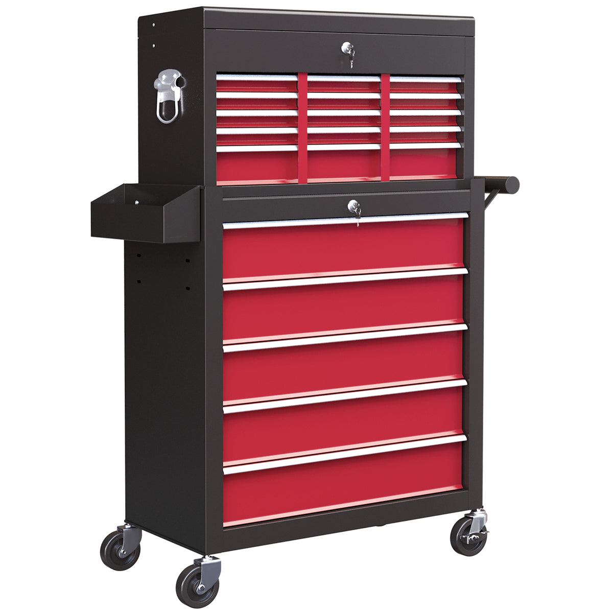 Tool trolley, two-piece, lockable, 14 drawers, perforated wall, steel, red