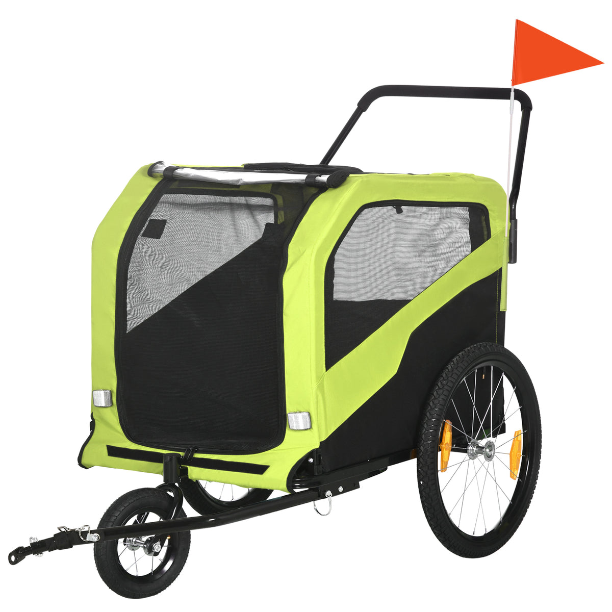 2-in-1 dog trailer, push function, 2 entrances, mesh windows, sun protection, steel frame, green, 170 x 77 x 90