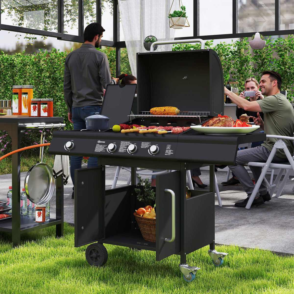 Mobile gas grill with storage space, side table, side burner, warming rack, thermometer, stainless steel, black (2)