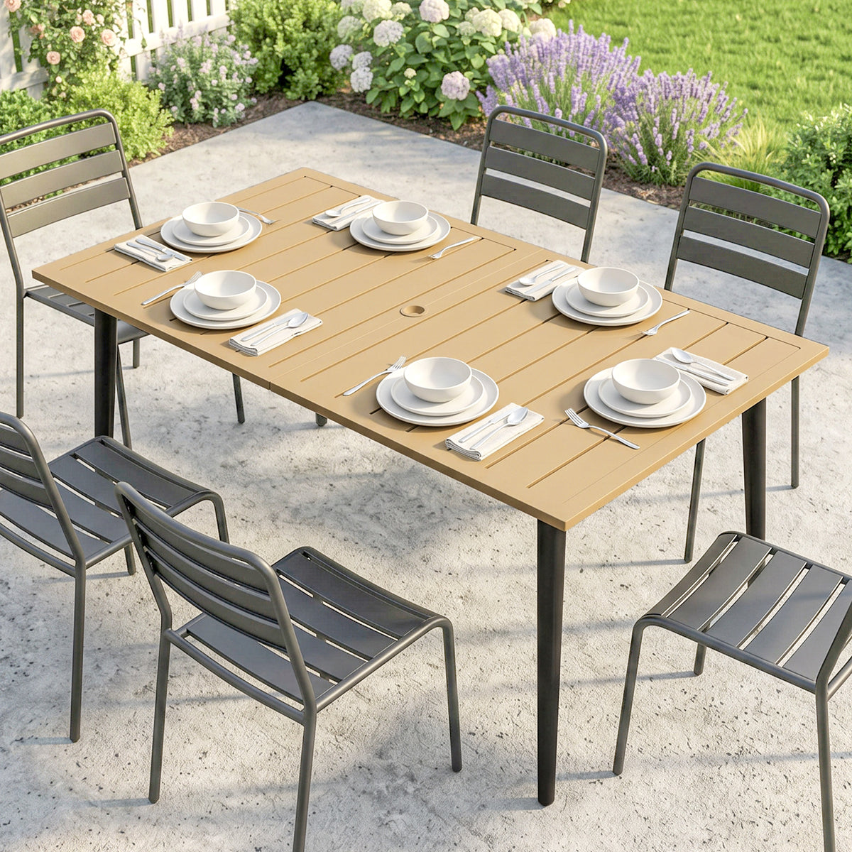Garden table 150x90cm, weatherproof steel balcony table, balcony table with parasol hole brown (2)