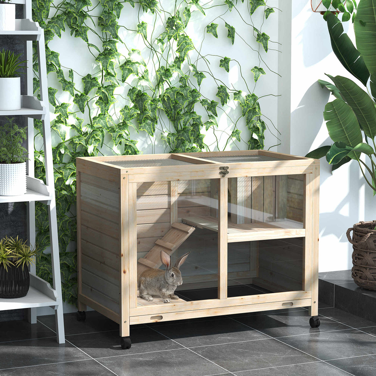Small animal hutch with 2 levels, 4 wheels, sealed fir wood, natural (2)