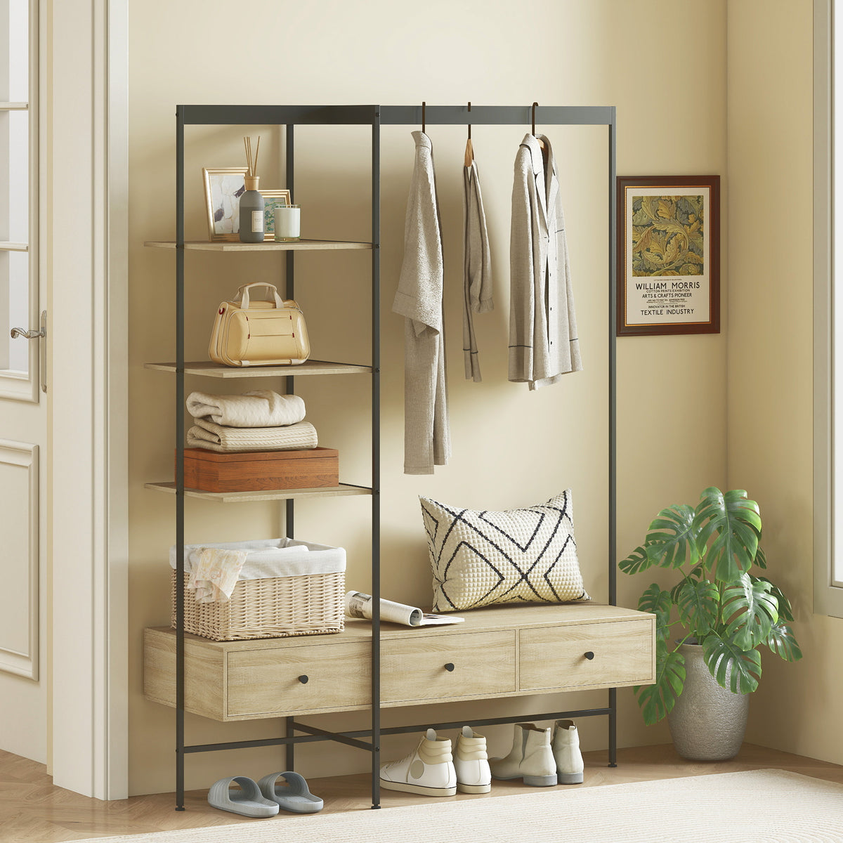 Coat rack with shelves, drawers and clothes rail, 180 cm freestanding coat stand in a modern style, metal frame (2)