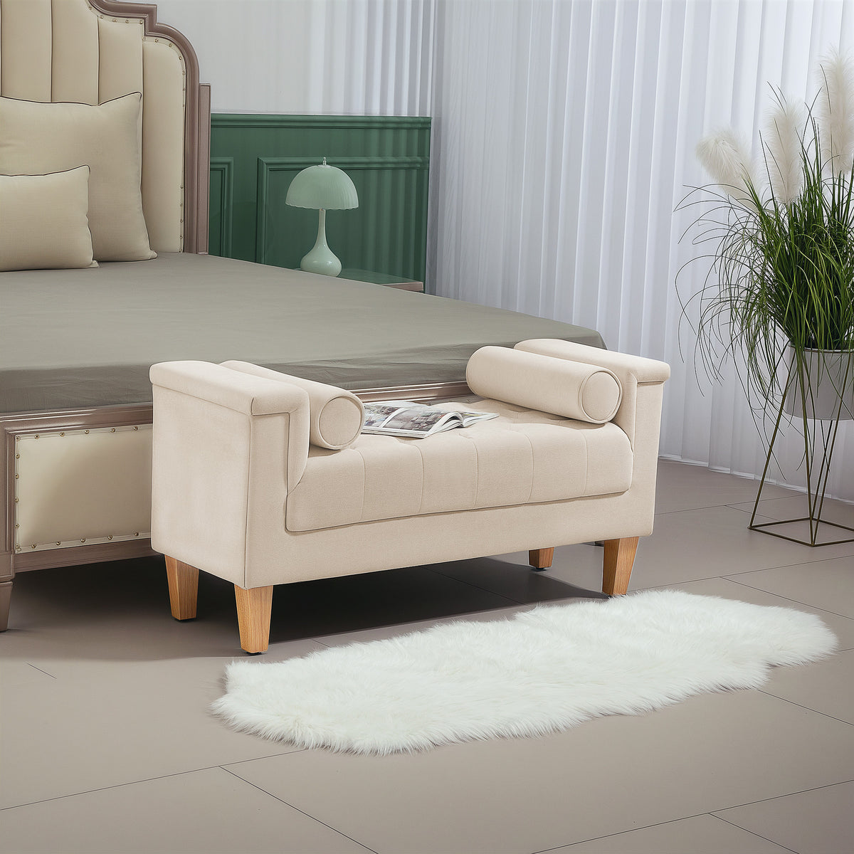 Upholstered bench, vintage design, 2 cushions, chenille cover, 115 x 44 x 58 cm, beige (2)