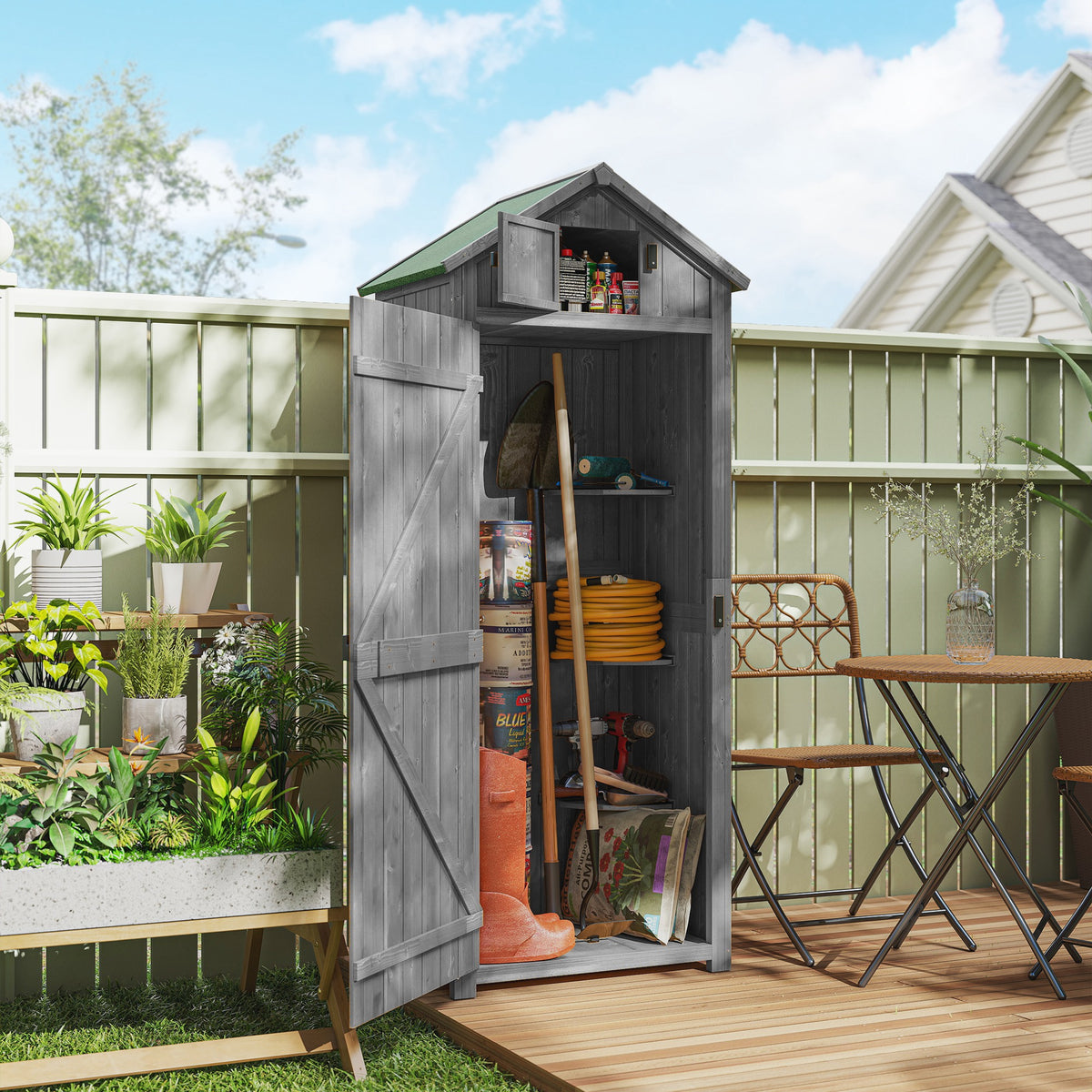 Wooden garden cabinet, weatherproof tool shed 77x54.2x179cm, tool house with door, gable roof, storage cabinet (2)