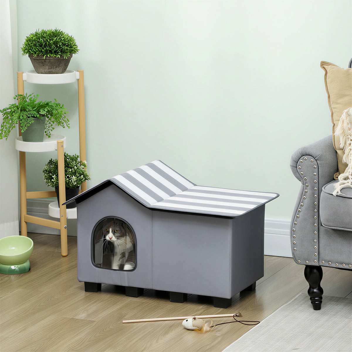 Water-resistant cat house, cat hut with removable pitched roof, thermal insulation, platform, 70x43x45 cm (2)