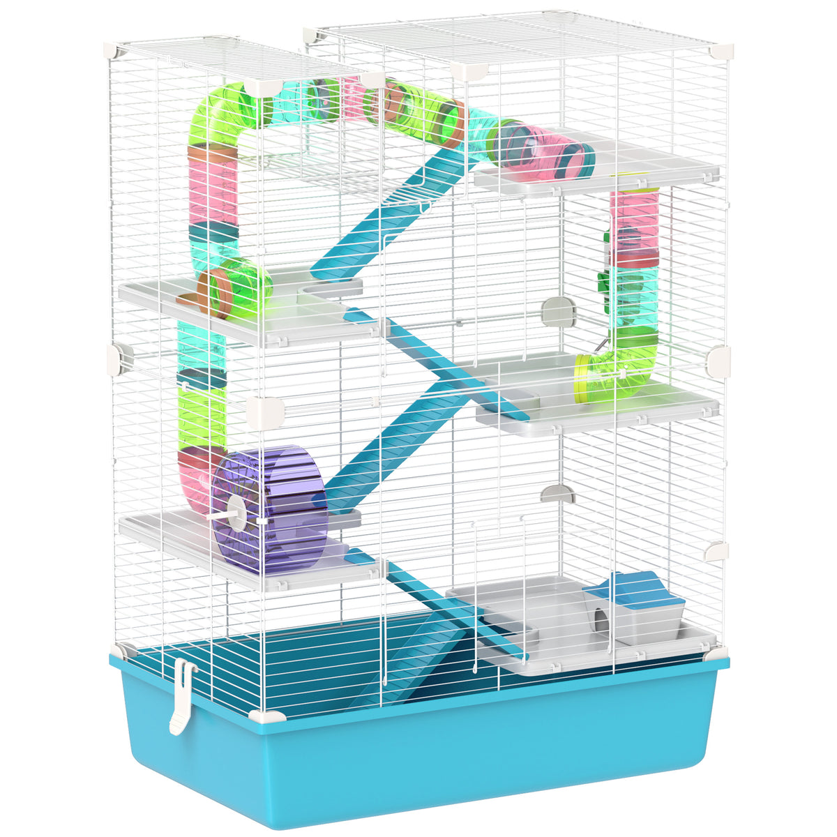 6-story hamster cage with tubes, tunnels, hut, exercise wheel, food bowl, water bottle, ramps, light blue