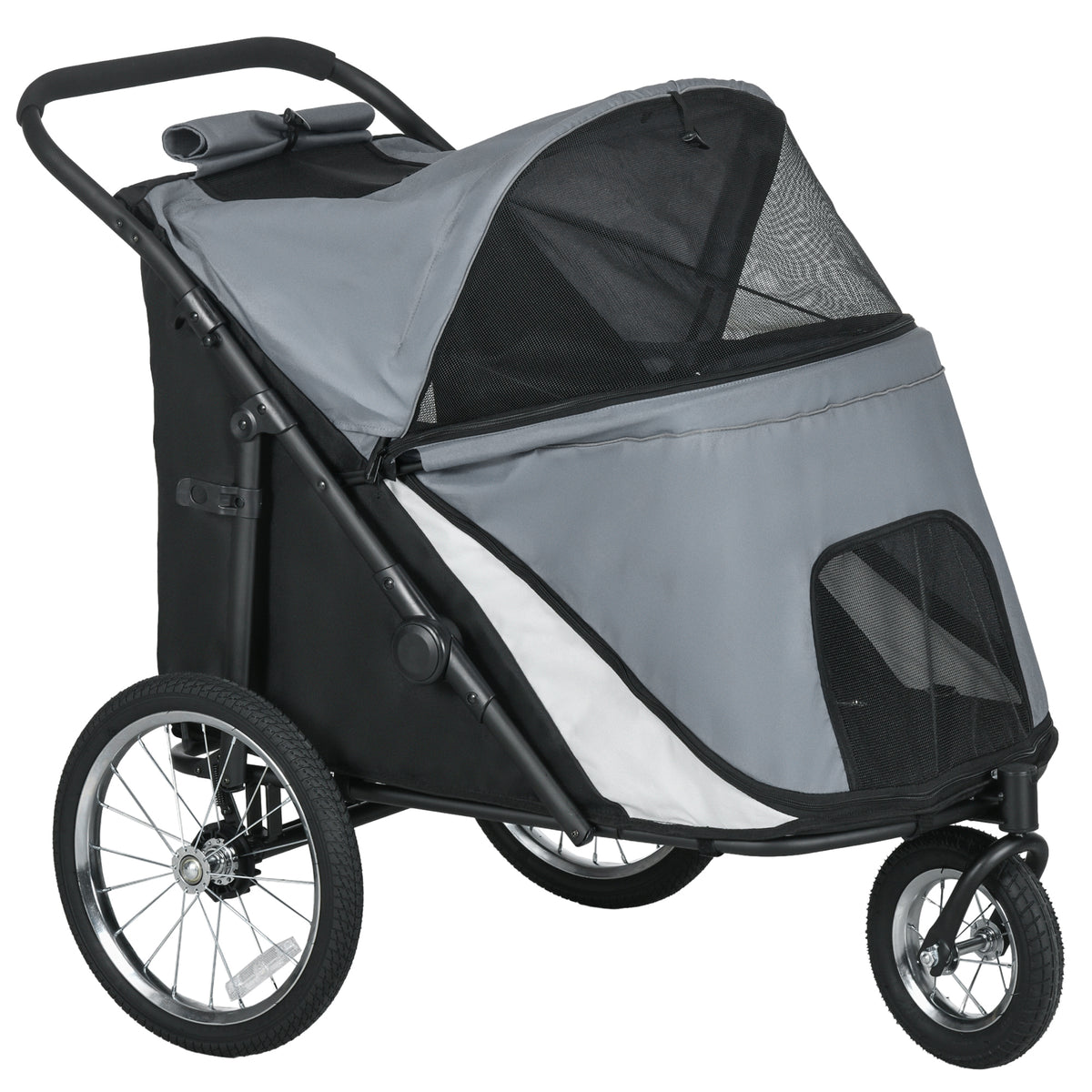 Dog stroller, foldable, collapsible, cushion, steel frame, grey/black