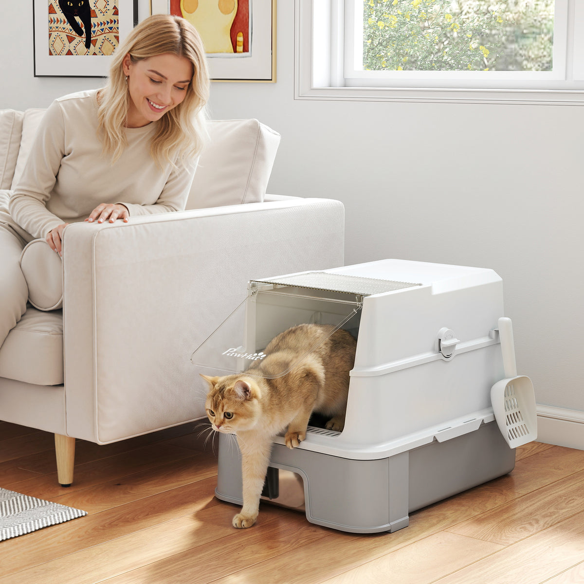 Stainless steel litter box with lid, XL cat litter box with scoop, pull-out tray, high sides, easy to clean (2)