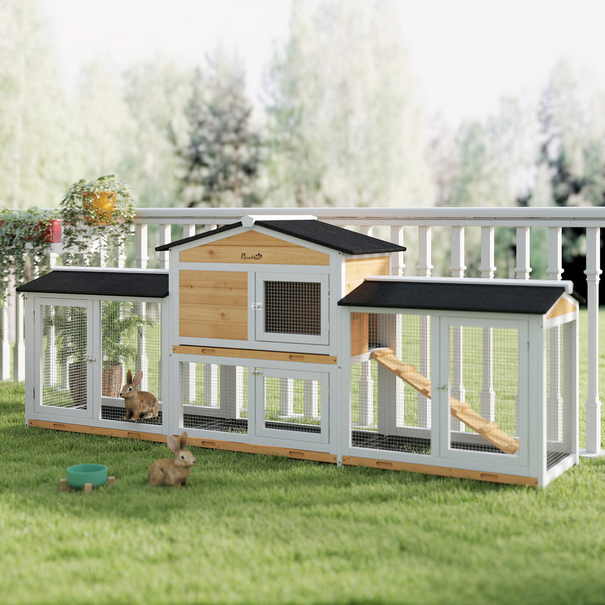 Small animal hutch with outdoor run incl. ramp, asphalt roof, fir wood, black + white + natural (2)