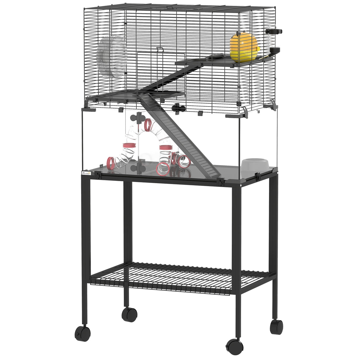 Hamster cage, small animal enclosure with 3 levels, exercise wheel, hut, platforms, ramps, feeding bowl, water
