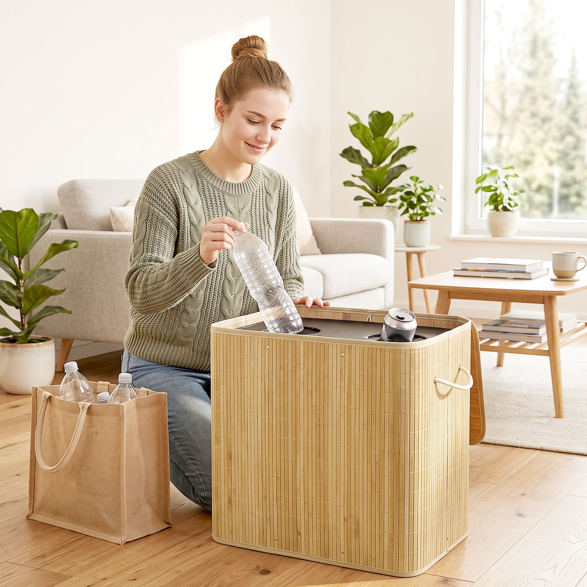150L Deposit Bottle Collection Bin with Lid, Bamboo Deposit Bottle Organizer with Two Bags for Kitchen (2)