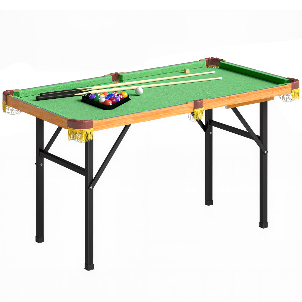 Foldable pool table, mini pool table, 2 cues, 16 balls, triangle, brush, green