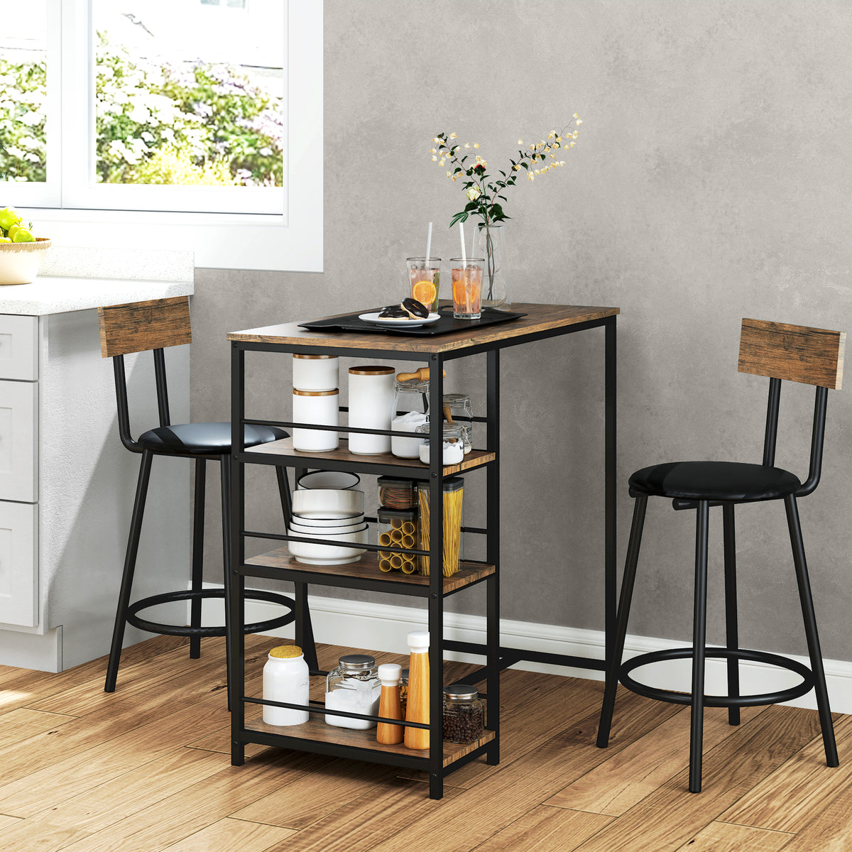 3-piece dining set with bar table and 2 chairs, small kitchen set with side shelves, MDF, metal, black (2)