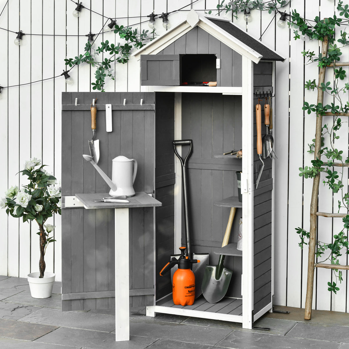 Wooden garden cabinet, weatherproof tool shed 78x52.5x182cm, tool house with door, gable roof, storage cabinet (2)